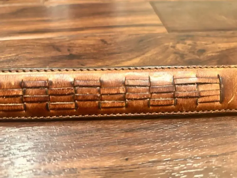 Vintage Hand-Tooled Tan Leather Western Belt with Brass Buckle